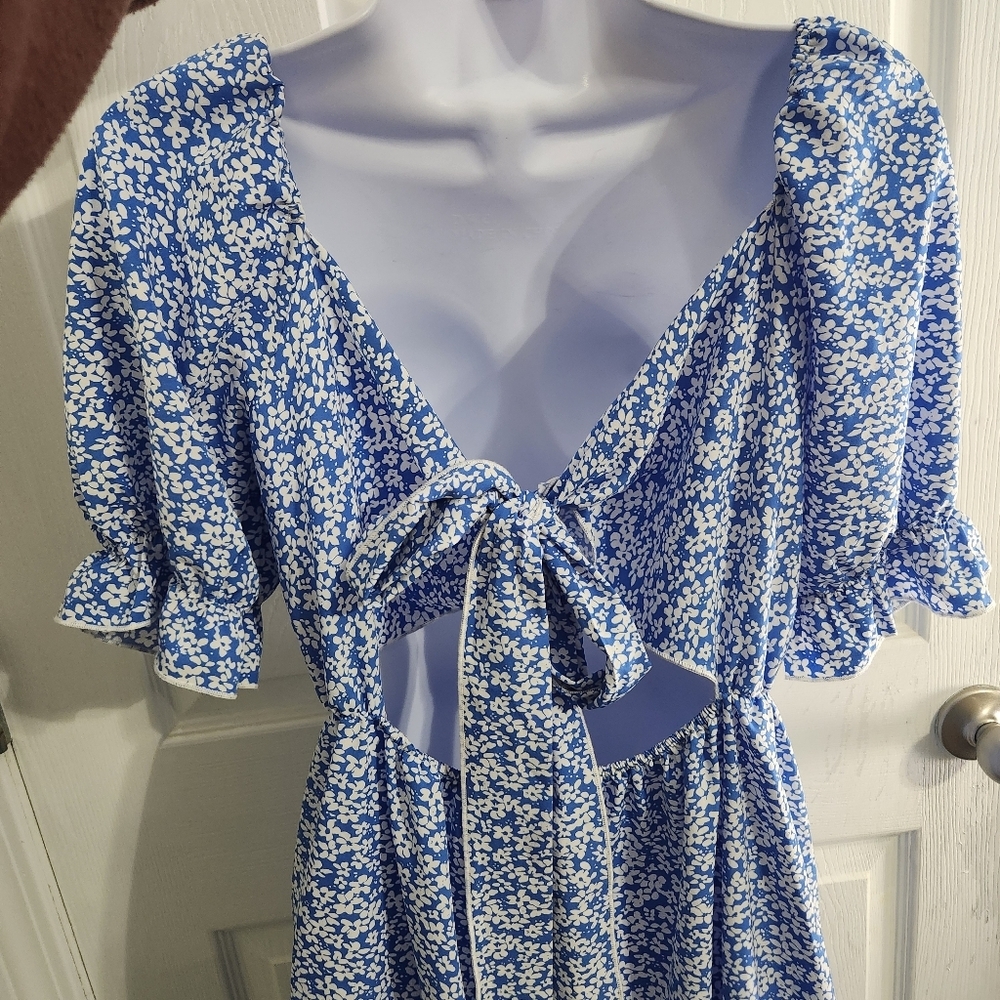 Babydoll floral dress smocked tie back square neck puff sleeve milkmaid LG - Picture 8 of 14